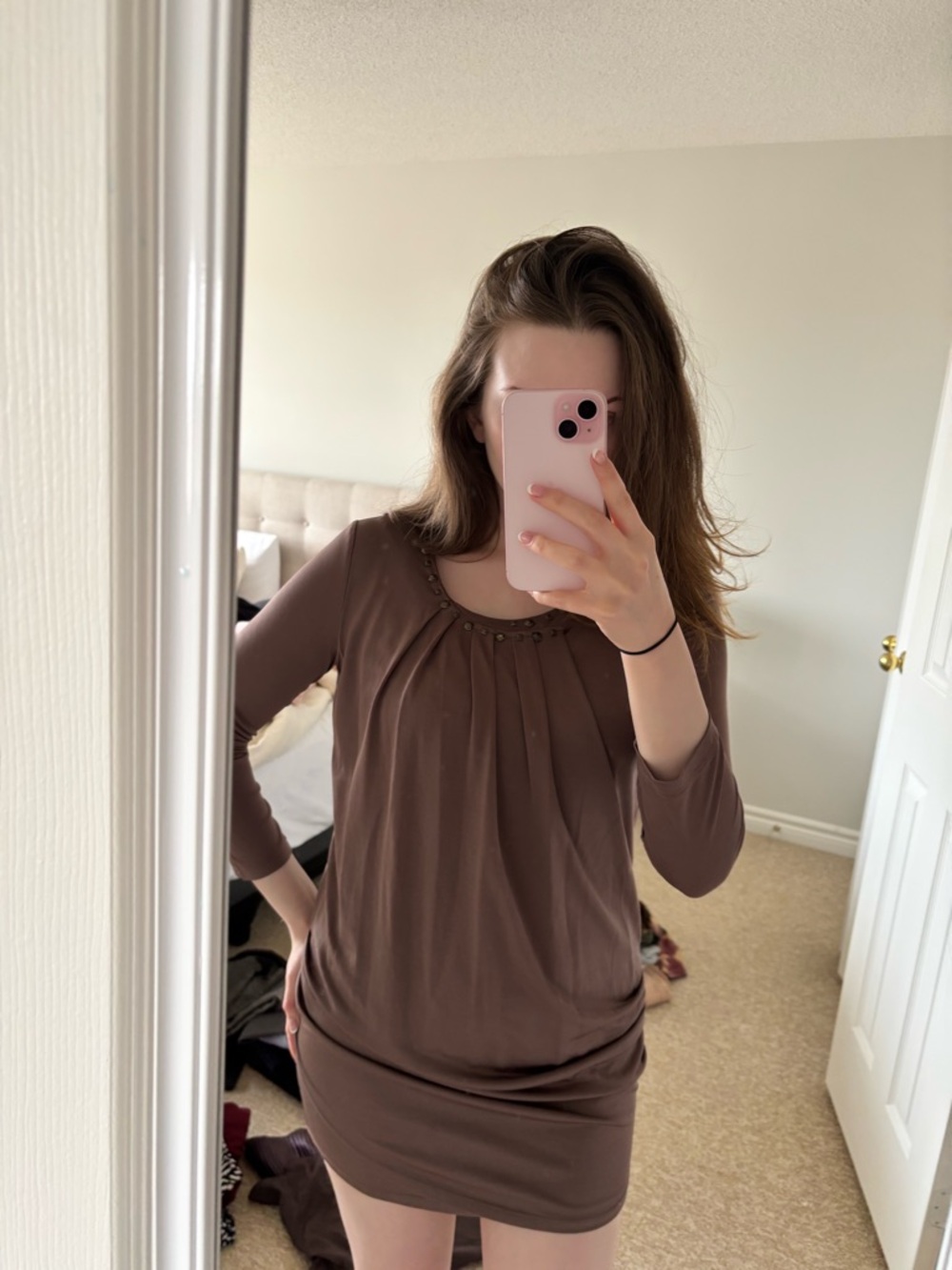 Tuscan Mom 2000s Long-Sleeve Pleated Tunic Dress